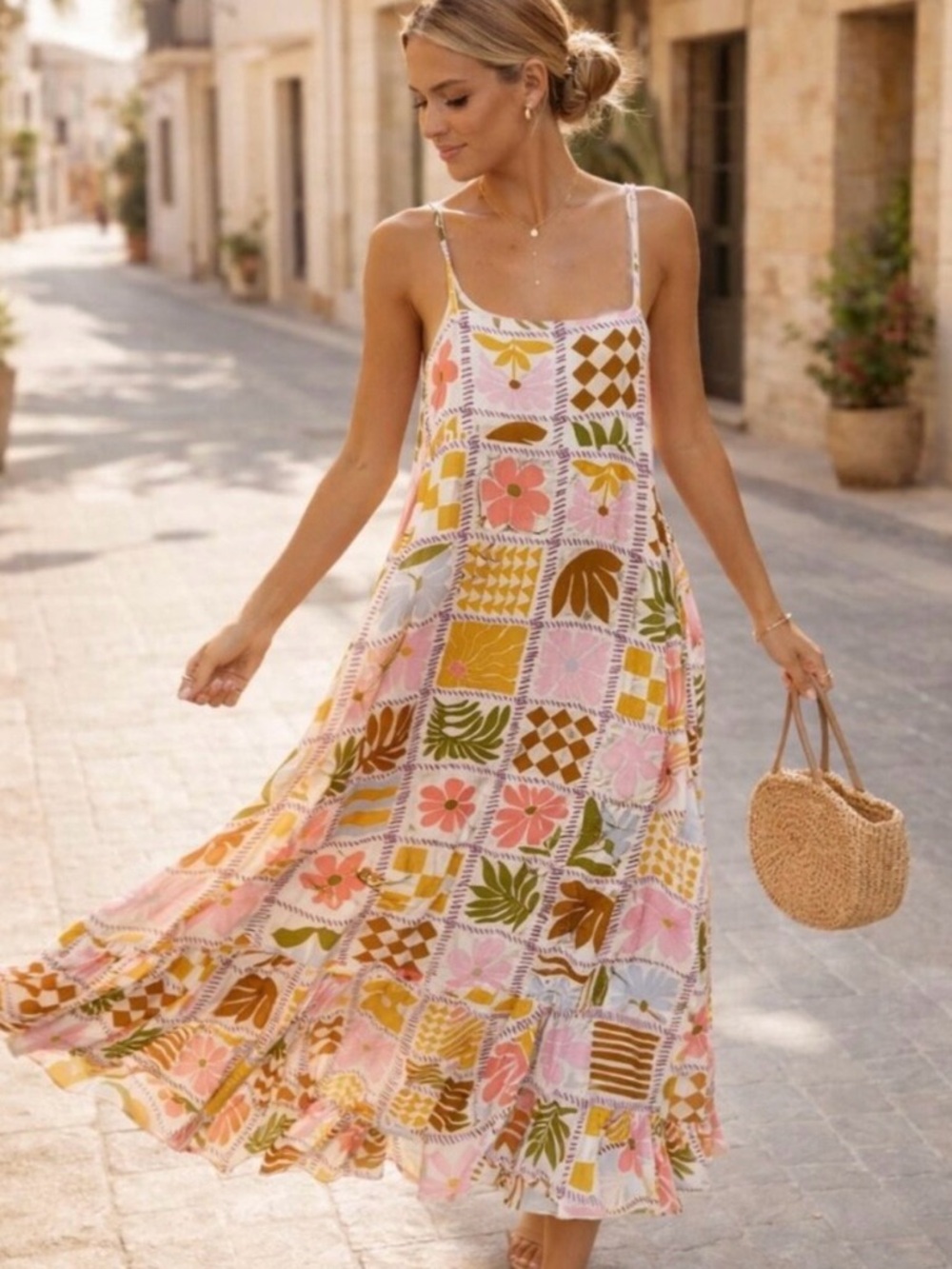 Patchwork Floral Spaghetti-Strap Maxi Dress - Pink, Mustard & Olive
